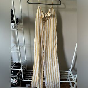 Tie-Front White and Pale Yellow Striped Jumpsuit